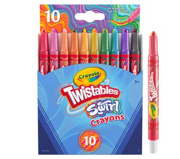 Swirl Twistables Mini Crayons, 10 Count Swirl Mini Twistable Crayons, 10 count. One Swirl mini Twistable standing on end next to full package.