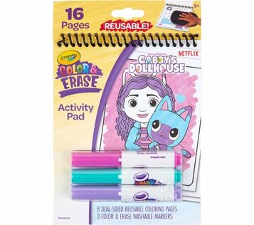 Gabby's dollhouse color & erase activity pad with markers front view.