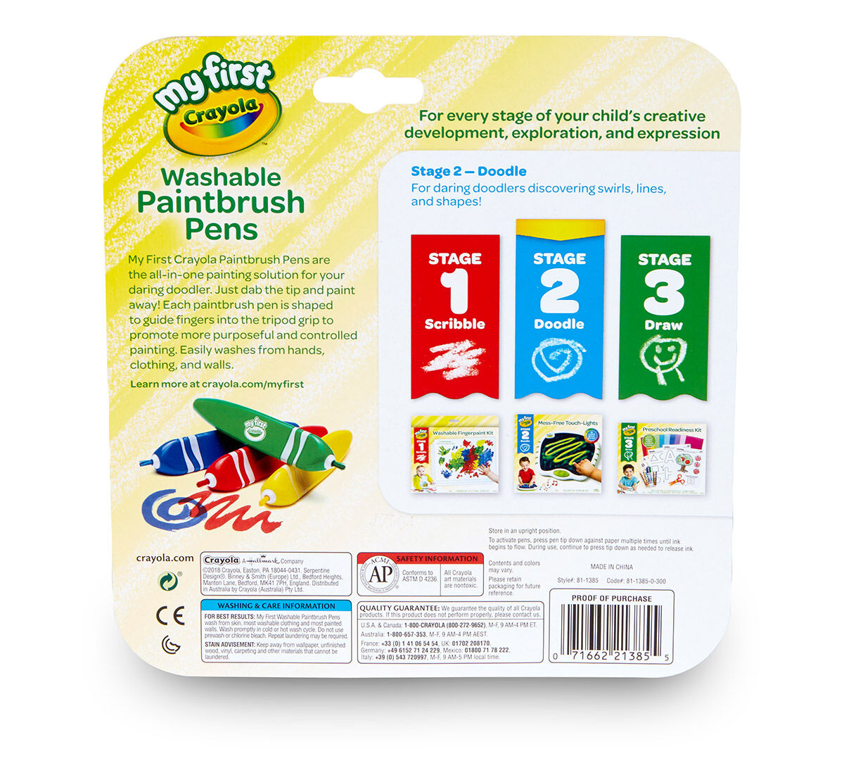 Crayola; My First Crayola; Washable Tripod Grip Paintbrush Pens; Art Tools; 4 count; Red, Blue