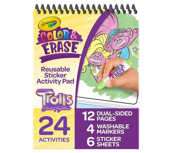 Trolls Color & Erase Activity Pad with Markers.  Reusable sticker activity pad. Trolls 24 activities. 12 dual-sided pages. 4 washable markers. 6 sticker sheets.