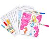 Color Wonder Mess Free Barbie Coloring Pages & Markers. Partially colored page on top of uncolored pages surrounded by markers.