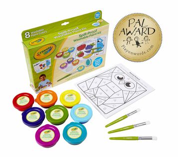 Spill Proof Washable Paint Kit packaging and contents with award winner seal.