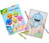Baby Shark Coloring Book & Sticker Sheet, 96 pages. Closed book, coloring page colored in surrounded by crayons. 