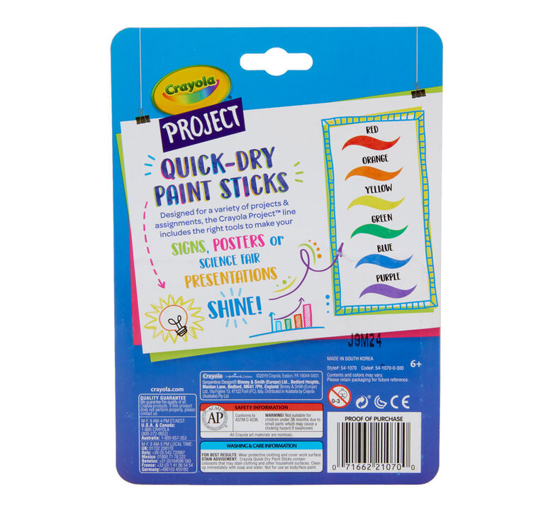 Crayola Quick Dry Paint Sticks, Assorted Colors, Washable Paint Set for Kids,  6 Count - DroneUp Delivery
