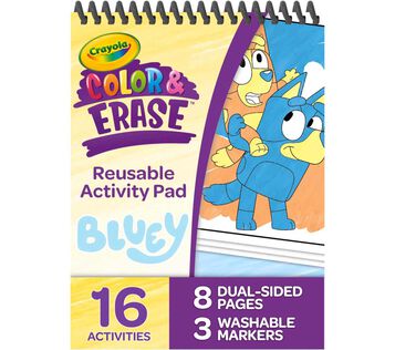 Bluey Color & erase Reusable activity pad with markers, front view. 16 activities, 8 dual-sided pages, and 3 washable markers. 