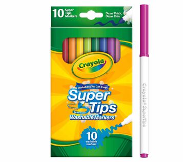 Washable Super Tips Markers, 10 count packaging and one marker standing on end next to box.