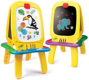 Deluxe Magnetic Double-Sided Easel. . Two easels one with bird drawing on white board and one with elephant drawing on black board.