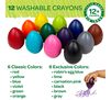 Palm Grasp Crayons 12 count  12 washable crayons. 6 classic Colors: red, yellow, blue, violet, green, orange. 6 Exclusive colors: Robin's Egg Blue, Lime, Carnation Pink, Black, Brown, Gray.  