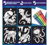Monsters and Aliens Glow Fusion Coloring Set. 5 monsters and aliens coloring pages. 2 blank pages. 5 glow fusion markers.