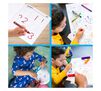 Young  Kids Art Supplies child writing numbers in activity book. Young boy drawing pictures with tripod grip crayons. Young girl cutting paper with straight edge safety scissors. Young boy drawing with tripod grip markers.