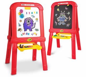 Creative Fun Double Easel. Two Creative Fun Double Easels. White board with purple monster and magnetic letters and chalkboard with robot.