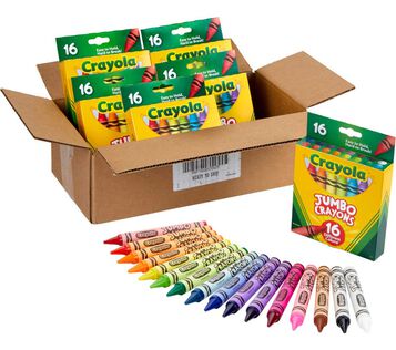 Bulk Jumbo Crayon Set, 6 boxes of 16 Count Jumbo Crayons. Packaging and contents.