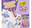 Glitter Crayons, 24 count. Add dazzle to your coloring! Drawings of space ship, unicorn, and narwhal with scattered glitter crayons and box.