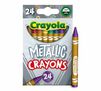Metallic Crayons, 24 count front view with single purple crayon standing beside box. 