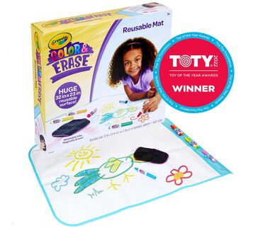 Color and Erase Reusable Mat packaging with Toy of the Year award winner seal and contents.