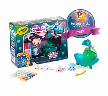 Scribble Scrubbie Glow Lagoon Playset packaging and contents with award winner seal.