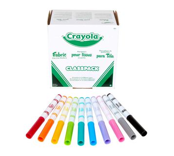 Crayola Fabric Markers Classpack, 80 count, 10 colors Fine line, packaging and contents. 