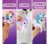Scribble Scrubbie Pets Confetti Party Playset scribble, scrub, scribble again! Unicorn pet being held while decorated with marker, under faucet, and decorated with marker again.