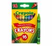 crayola crayons, 16 count packaging and one green crayon standing on end.