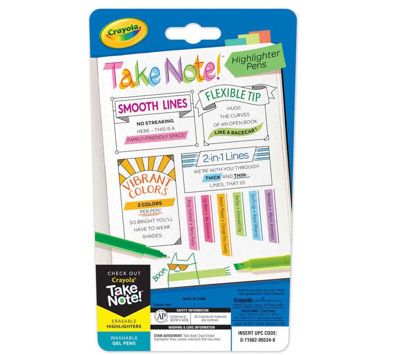Take Note Erasable Highlighters, 6 Count, Crayola.com
