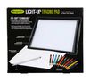 Crayola Light Up Tracing Pad bright LED power in an utra thin tablet.  Eye-soft technology.  Crayola eye-soft technology is an enhanced feature designed for tracing and creating in low light conditions.  LEDs automatically turn from bright white to a soft amber glow when the tracing pad detects low light levels.  Powerful LEDs evenly light surface. No-slip frame holds paper in place. 20 sheets blank tracing paper. pencil.  12 short colored pencils.