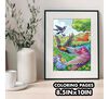 Bird Watching Coloring Book 8.5in by 10in. Completed bird coloring page in a frame next to vase with eucalyptus stems.