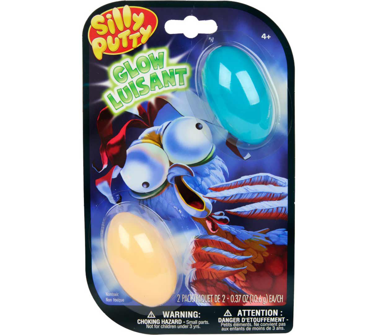 Silly Putty Glow Eggs, 2 count, blue and yellow front view.