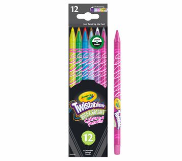 Twistable Colored Pencils, Bold & Bright, 12 count, packaging and one Twistable Colored Pencil standing on end next to box. 