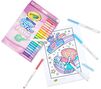 Washable Super Tips, Pastel Markers, 20 count. Packaging and markers surrounding a partially colored in cosmic cats coloring page.