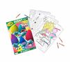 Trolls Giant Coloring Pages, 18 count. Packaging and select coloring pages partially colored in surrounded by crayola crayons.