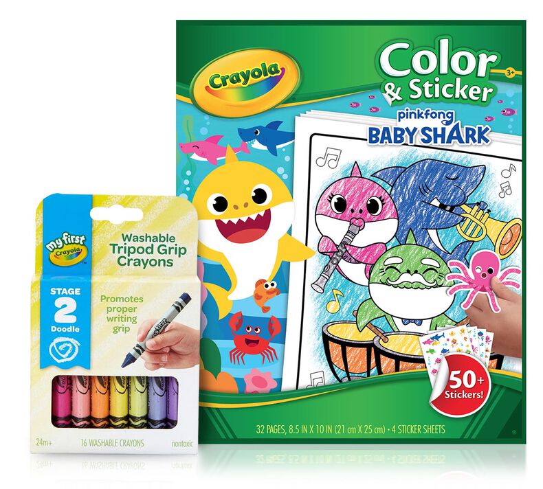 Baby Shark Color & Sticker Book with Triangular Crayons