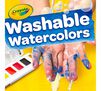 Washable Watercolor Paints, 8 count. Washable watercolors.  Hands with blue paint held under stream of water. 