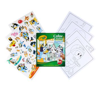 Bluey Color & Sticker Activity Book packaging, stickers, and coloring pages