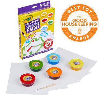 Spill Proof Washable Paint  with Good Housekeeping seal. Front of box and contents.