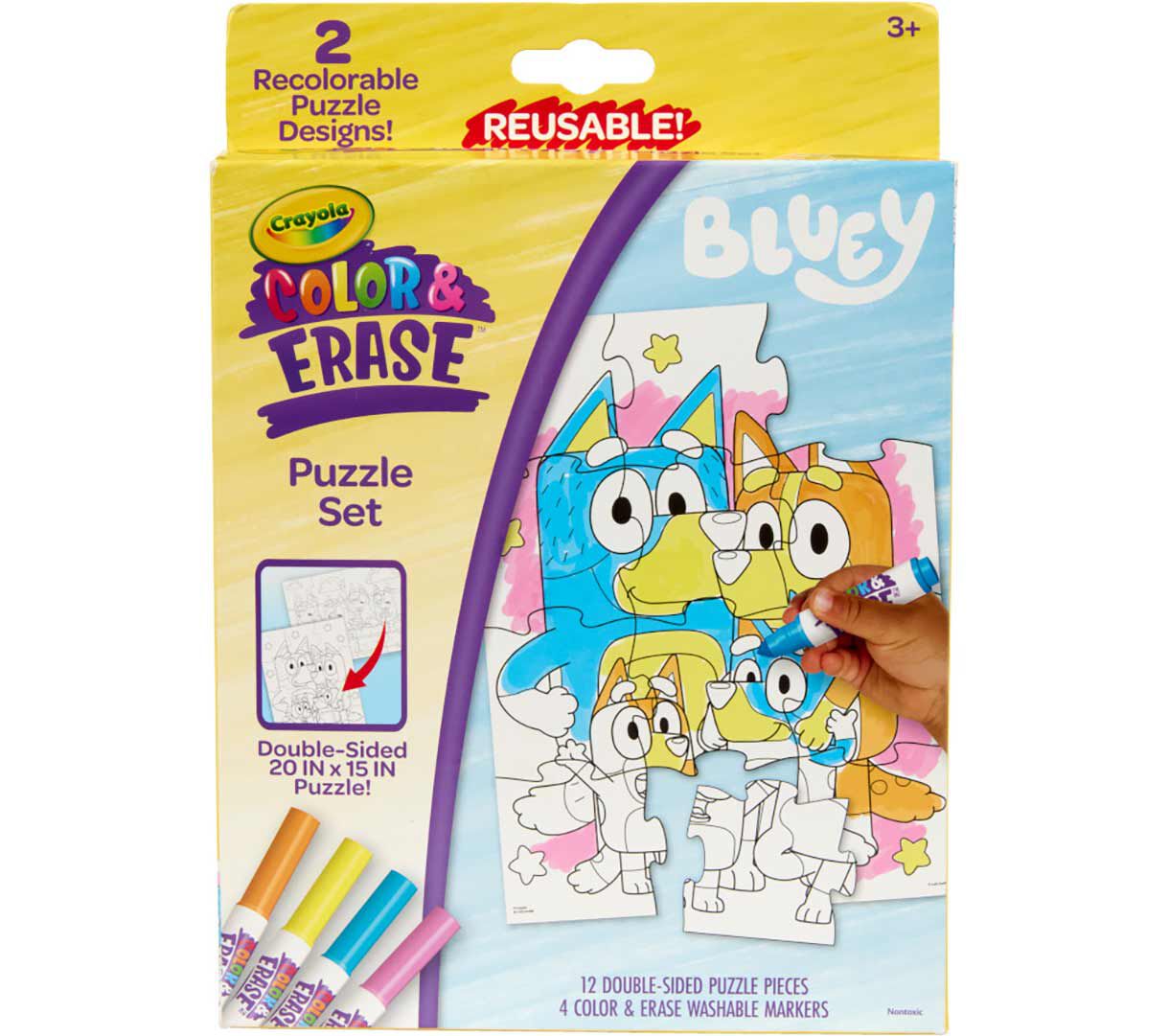 Bluey Color & erase reusable puzzle set with markers. front view.