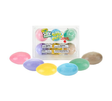 Silly Putty Egg Set, 6 Count Eggs Out of Container and Top View of Plastic Egg Carton
