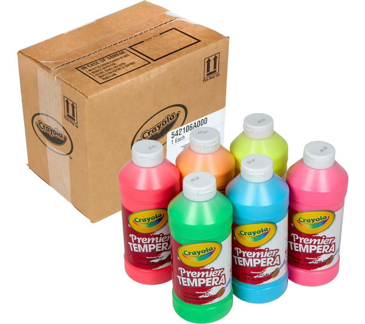 Fluorescent Tempera Paint, 6 count, 16 ounce bottles packaging and contents.