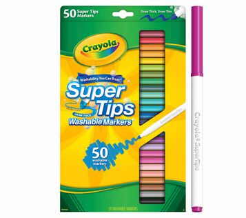 Washable Super Tips Markers, 50 Count, packaging and one marker standing on end next to box. 