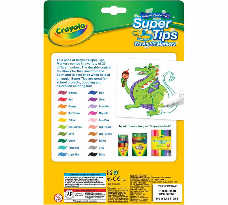 Marqueurs lavables Super Tips de Crayola, 20 pièces