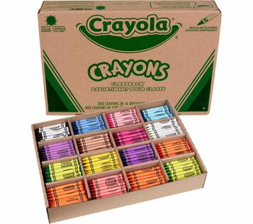 Crayon Classpack, 800 count, 16 colors, packaging and contents.