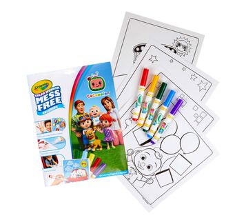 Color Wonder Foldalope Cocomelon coloring pages, markers, and packaging.