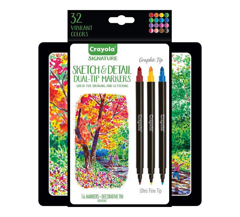 Crayola Sketch & Detail Dual-Tip Markers (16ct), Markers for Adult  Coloring, Fine & Brush Tip Art Markers, For Calligraphy & Drawing