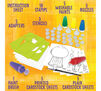 Washable Paint Stampers features (5) 1oz Paint Bottles, 5 Nozzles, 5 Connectors, 18 Stamps, 3 Stencils, 5 Printed Cardstock, 5 Plain Cardstock, Instructions, and a Paint Brush.