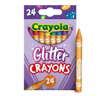 Glitter Crayons, 24 count, front view with single orange glitter crayons standing beside the box.