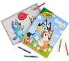 Bluey Coloring Book and Sticker Sheet, 96 pages. Closed book and book open to select coloring page surrounded by crayons. 