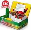 Crayola Crayons 120 count inside box view. 120 crayons plus tip character crayon sharpener.  