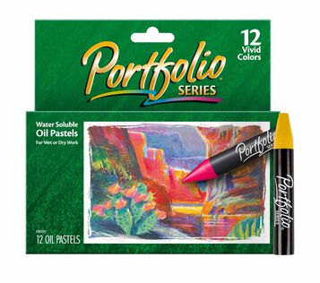 Portfolio Water Soluble Oil Pastels, 12 count front of packaging with one pastel crayon standing on end next to box. 