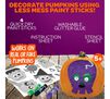 No Carve Pumpkin Decorating Kit with Paint Sticks. Decorate pumpkins using less-mess paint sticks.  4 quick dry paint sticks, washable glitter glue, instruction sheet, and stencil sheet.  Works on real or fake pumpkins.