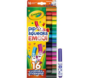 Pip-Squeaks Washable Emoji Stampers, 16 count. One marker standing beside packaging.