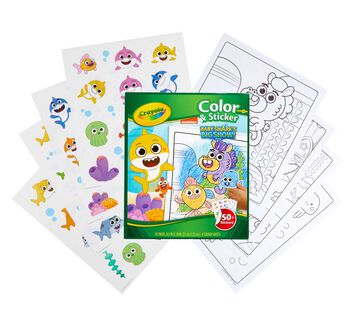 Baby Shark Color and Sticker Book front view and coloring pages.